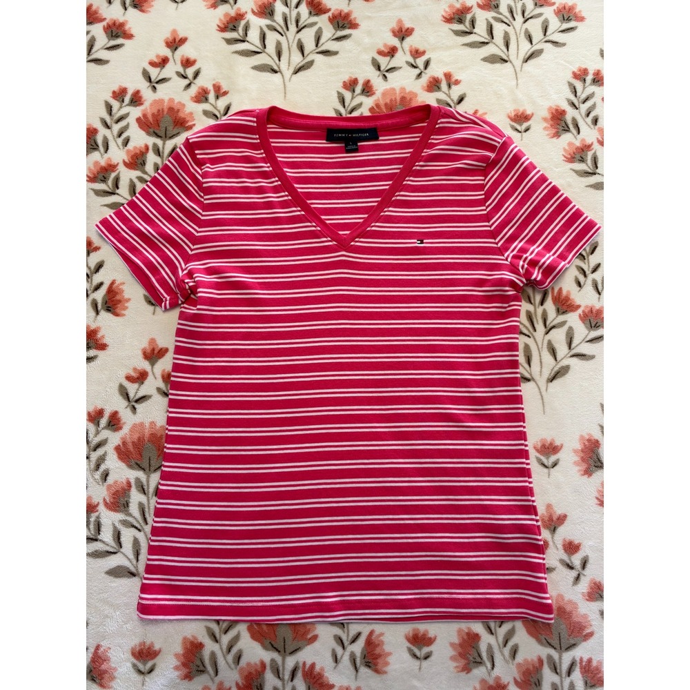 Tommy Hilfiger Womens Pink White Striped V-Neck T-Shirt Size L J42HT851